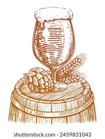 Glass of beer and barrel. Pub restaurant, brewery vector illustration. Hand drawn sketch drawing