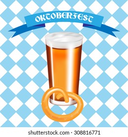 glass of beer with a blue ribbon on background for Oktoberfest in style realism