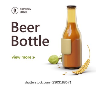 Botella 3D de cerveza de vidrio. Plantilla para página web con elementos volumétricos. Bebida alcohólica hecha de granos y lúpulos. Banner de color con texto editable y ver más botón. Ilustración publicitaria