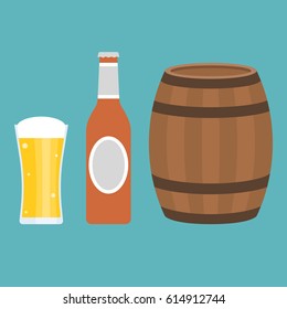 Glass of beer, bottle and barrel, flat design icon