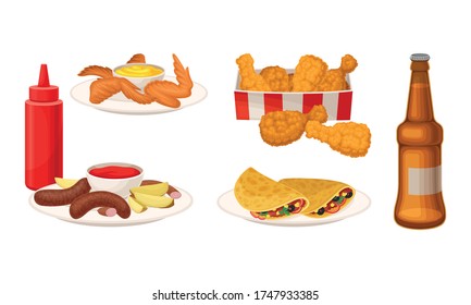 Glass Beer Bottle with Bowls of Roasted Chicken Wings and Sausages Vector Set