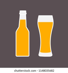 Glass of beer and bottle flat icon. Symbol Template Logo. Vector isolated illustration.