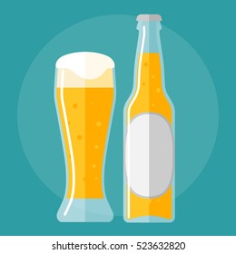 glass of beer and bottle flat icon.