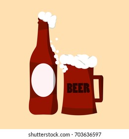 glass of beer and bottle flat icon on light cream background