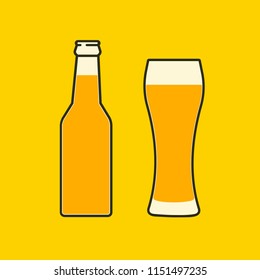 Glass of beer and bottle flat icon.Symbol Template Logo. Isolated vector illustration on white background.