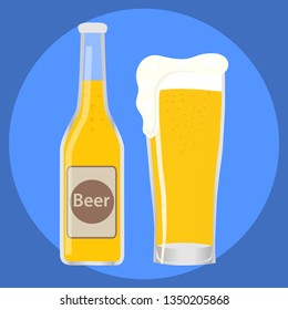 A glass of beer with a bottle of beer. Full glass of beer. Flat design, vector.