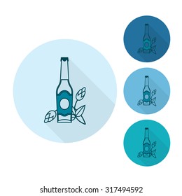 Glass Beer Bottle with Hop. Oktoberfest Beer Festival. Long Shadow. Flat design style. Vector