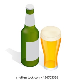 Glass of beer and Bottle of beer isolated. Flat 3d vector isometric illustration. 