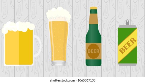 A glass of beer with a beer bottle on the background of a wooden wall. The concept of beer. Flat design, vector illustration, vector.