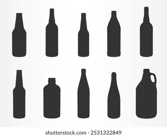 Glass beer bottle shapes icon shape symbol set. Wine, whiskey, rum, liquor bottles. Vector illustration image. Isolated on white background.