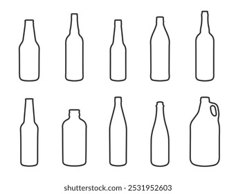 Glass beer bottle shapes icon shape symbol set. Wine, whiskey, rum, liquor bottles. Vector illustration image. Isolated on white background.