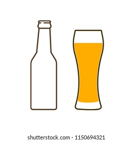 Glass of beer and bottle. Symbol Template Logo. Isolated vector illustration on white background.
