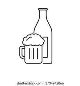 Vidrio de la cerveza y la ilustración del vector de botella en un diseño de línea simple aislado en fondo blanco