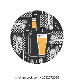 A glass of beer and a bottle. Wheat. Linear icon. Modern line style. Vector illustration. Menu, restaurant, brewery. Set of isolated elements.
