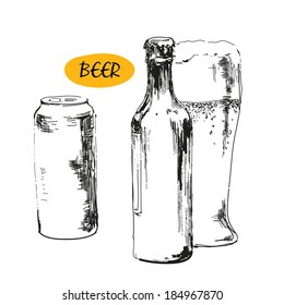 Glass of beer, beer bottles and cans. Hand drawn illustration