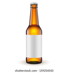 Glass Beer Brown Bottle With Label On White Background Isolated. Ready For Your Design. Product Packing. Vector EPS10 