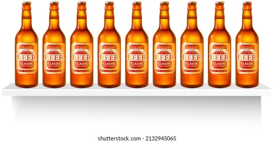 Glass beer brown bottle with label stand in row on shelf on white background isolated light alcohol. Closed transparent bottle with with frothy intoxicating drink, full beverage on counter in store