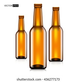 Glass Beer Brown Bottle On White Background Isolated. Ready For Your Design. Product Packing. Vector EPS10