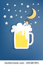Glass of beer with bubble and funny man in paper cut style vector illustration