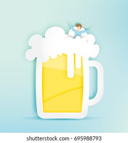 Glass of beer with bubble and funny man in paper cut style vector illustration