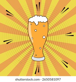 Glass of beer with bubbles and foam, on retro background, dots, orange background, beer glass, beer, alcoholic drink, beverage