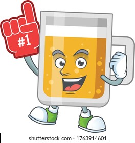 Glass of beer Cartoon character design style with a red foam finger. Vector illustration