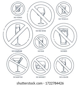 Glass beer champagne wine liquor vodka martini whiskey rum tequila in line art style for concept design. Ban graphic element. No alcoholic. Modern outline label. Stop symbol icon. Vector.