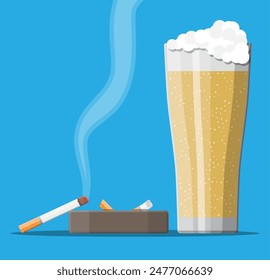 Vaso de cerveza con cigarrillo y cenicero. Alcohol, tabaco. Bebida alcohólica de cerveza, productos para fumar. Concepto de estilo de vida poco saludable. Ilustración vectorial en estilo plano