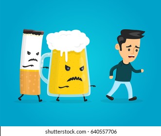 glass of beer and cigarette chasing a man. vector flat style fun cartoon character modern illustration design. alcohol and nicotine addiction kill concept. Stop drink and smoking