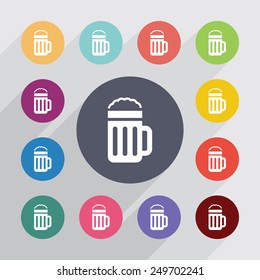 glass of beer circle, flat icons set. Round colorful buttons 