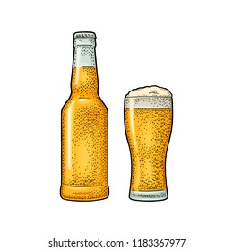 Glass beer and close beer bottle. Engraving vintage vector color illustration. Isolated on white background. Hand drawn design element for label and poster