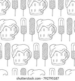 A glass of beer and a corn dog vector illustration. Doodle style. Design, print, logo, decor, textile, paper.