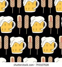 A glass of beer and a corn dog vector illustration. Doodle style. Design, print, logo, decor, textile, paper.