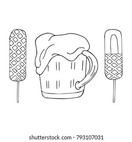 A glass of beer and a corn dog vector illustration. Doodle style. Design, print, logo, decor, textile, paper.
