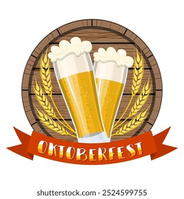 Glass of beer with craft foam lager ale on a wooden barrel. Oktoberfest beer festival cartoon poster, oktoberfest card design, menu, invitation. Vector illustration in flat style