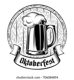 Glass of beer with craft foam lager ale on the background of wooden barrel. The banner ribbon with gothic german lettering Oktoberfest. Vector ink hand drawing stamp in vintage monochrome retro style