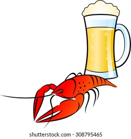 Glass of  beer and crayfish on white background. Vector illustration.It Can be used for flayers, banners, posters.  