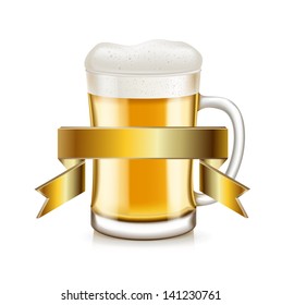 glass beer cup with golden ribbon isolated on white