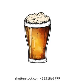 A glass of beer doodle line art cartoon hand drawn. A pint of beer watercolor drawing vector illustration drawing isolated on white background.