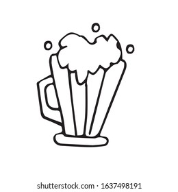 A glass of beer in doodle style. Hand drawn vector illustration in black ink on white background. Isolated outline.