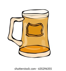 Glass of Beer Doodle Style. Isolated on White Background, Hand Drawing. Vector.