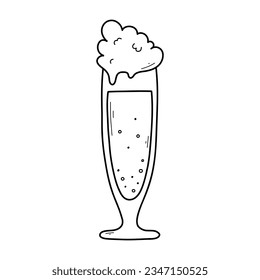Glass with beer in doodle style. Vector illustration. Golden wheat beer.