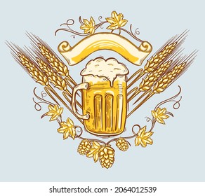 Glass of beer - drawn decorative brewery emblem