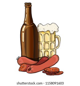 A glass of beer is drawn in a vector with sausages. Festival of beer. Apple cider, harvest. Hops, malt, barley, all with what make a live beer. Sausages to beer.