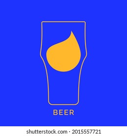 Glass beer with a drop of drink inside. Contour line art in flat style. Restaurant alcoholic illustration for celebration design. Beverage outline icon. Isolated on color background. Vector.

