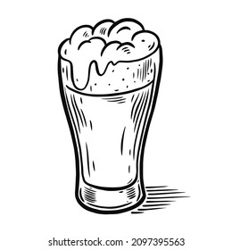 Glass beer engraving style. Hand drawn black color vintage vector illustration art. Isolated on white background.