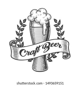 Glass of Beer in engraving style for posters, decoration and print. Hand drawn sketch isolated on white background. Vector illustration