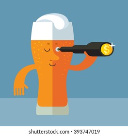 Glass of beer  find money by spyglass. Flat style vector illustration . Funny cartoon character