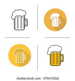 Glass of beer flat design, linear and color icons set. Pint of foamy lager beer. Beer mug. Alcoholic drink. Long shadow bar logo concept. Beer isolated vector illustrations. Infographic elements