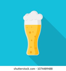 Glass of beer flat icon with long shadow isolated on blue background. Simple alcoholic drink in flat style, vector illustration.  Can be used in banners, posters, restaurant and pub menu.
